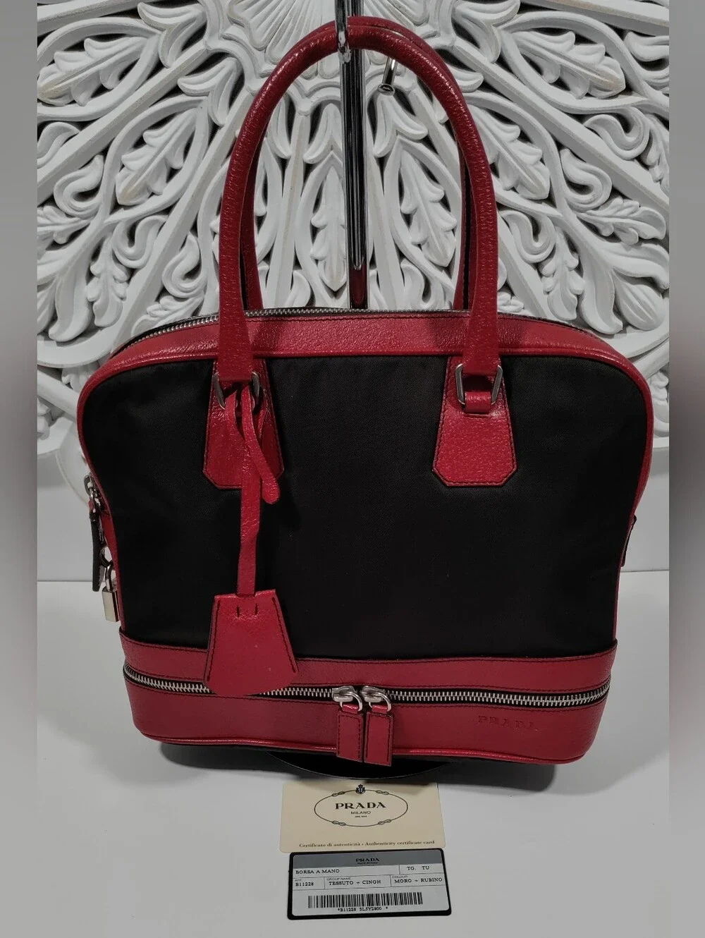 Prada B11228 Tessuto Nylon & Cinghiale Leather Handbag Moro Rubino